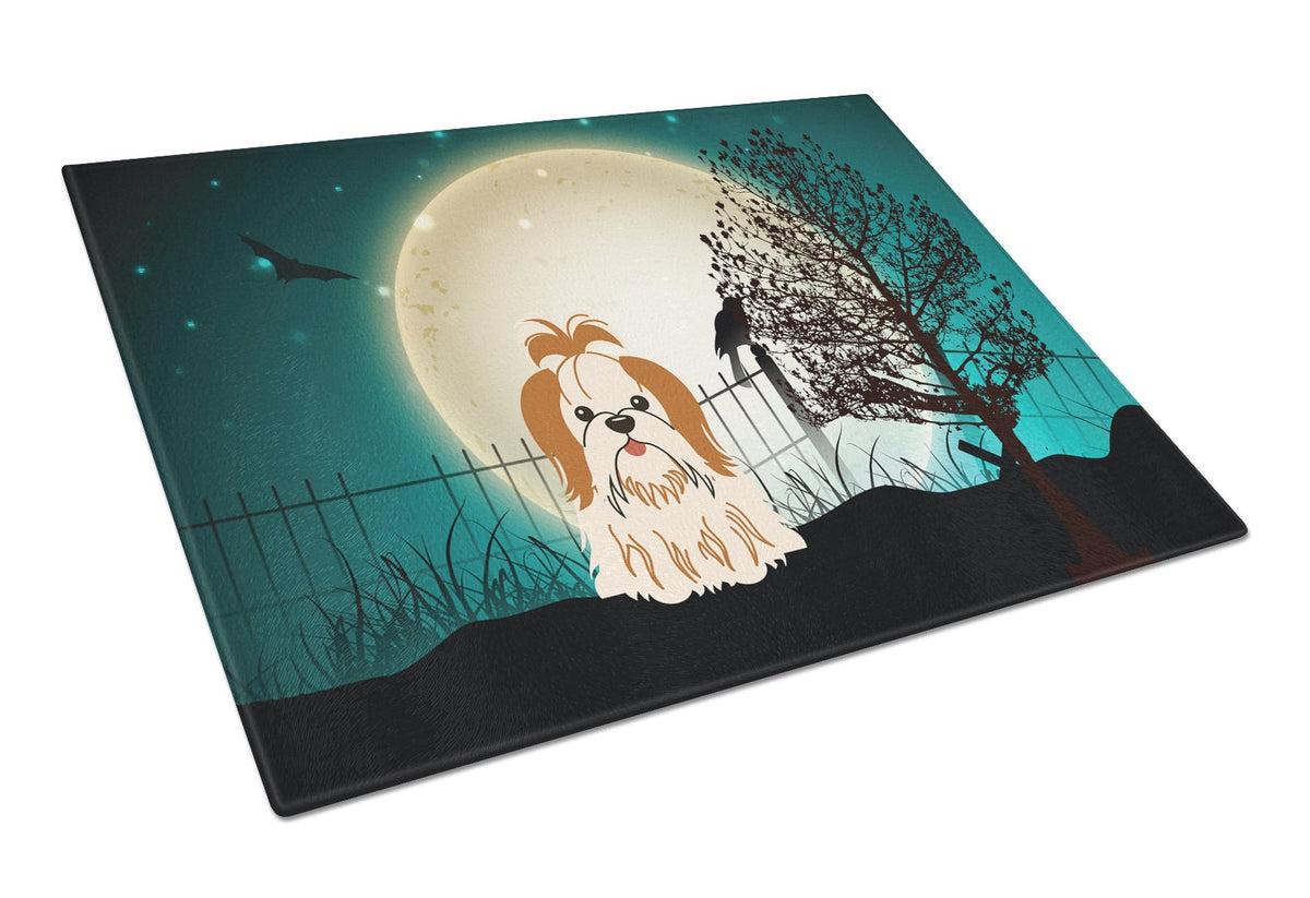 Halloween Scary Shih Tzu Red White Cutting Board Tempered Glass Kitchen Cutting Surface, Heat Resistant Chopping, Non-Slip Feet, Food Prep & Serving