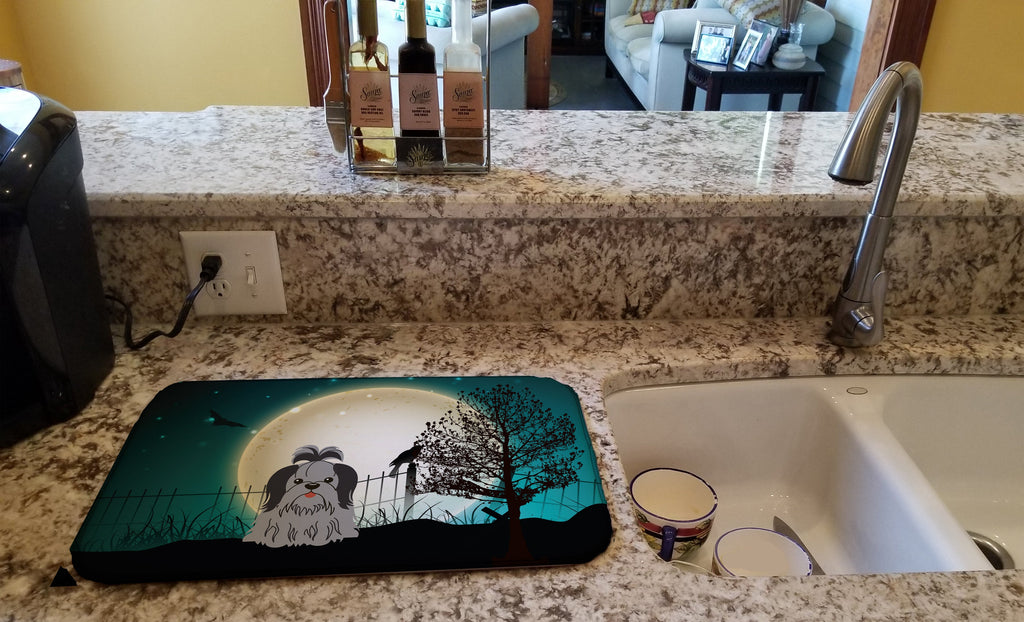 Halloween Scary Shih Tzu Black Silver Dish Drying Mat Absorbent Dish Drying Mat Pad for Kitchen Counter Dish Drainer Mat for Countertop, 14 x 21", Multicolor