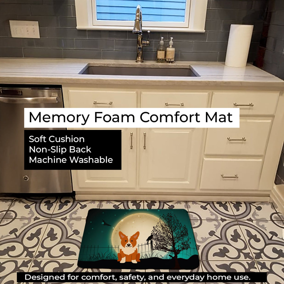 Halloween Scary Corgi Memory Foam Kitchen Mat Machine Washable Anti-Fatigue Cushion Comfort Bath or Kitchen Rug