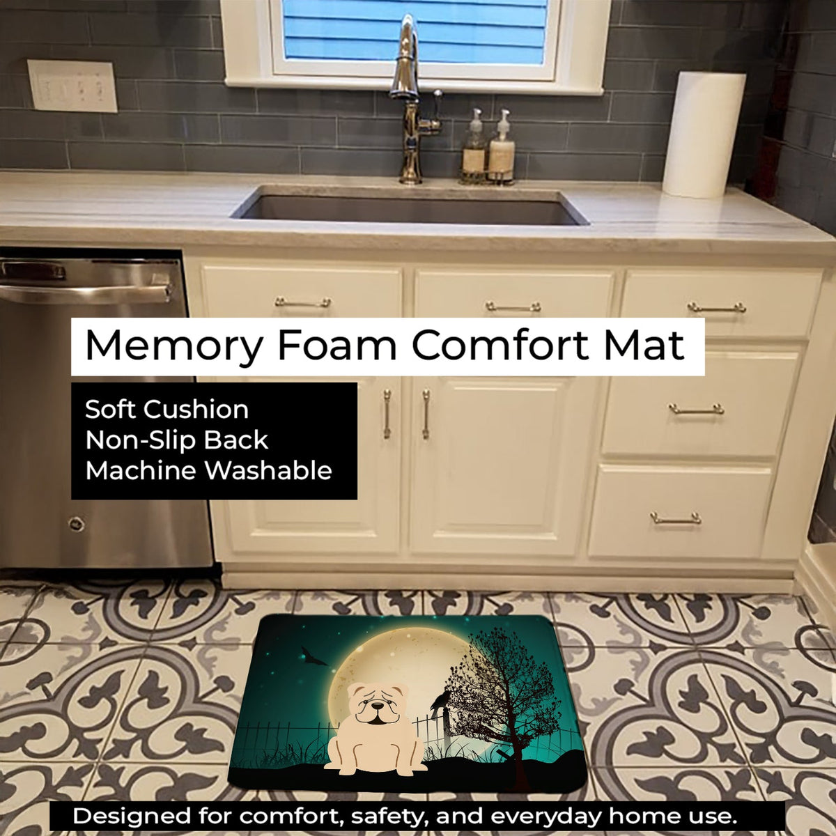 Halloween Scary  English Bulldog White Memory Foam Kitchen Mat Machine Washable Anti-Fatigue Cushion Comfort Bath or Kitchen Rug
