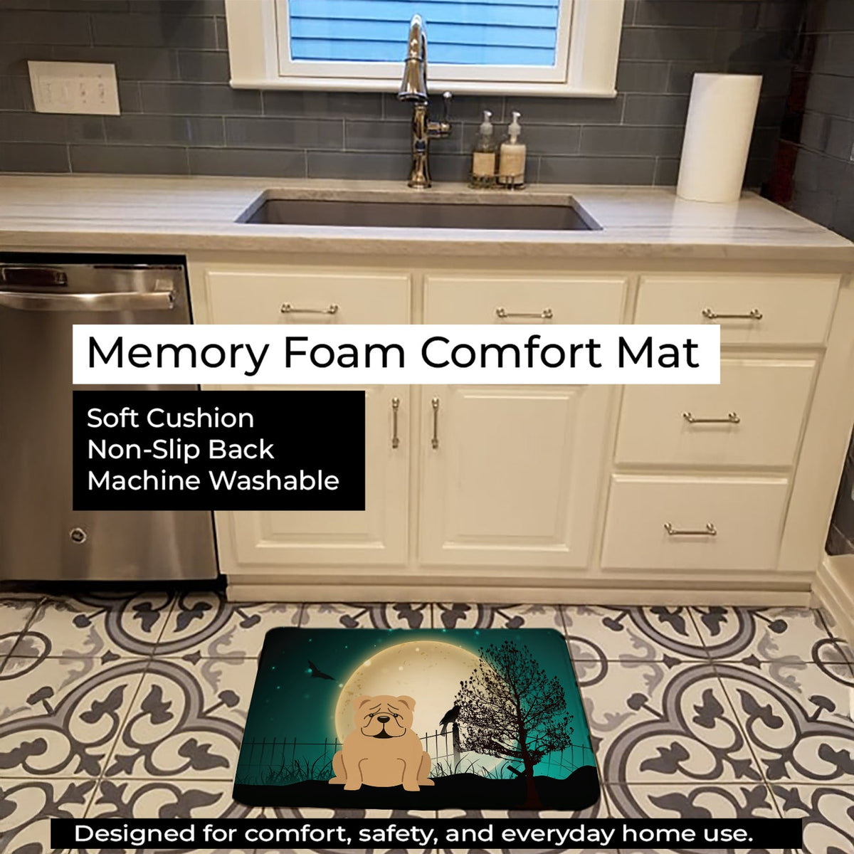 Halloween Scary  English Bulldog Fawn Memory Foam Kitchen Mat Machine Washable Anti-Fatigue Cushion Comfort Bath or Kitchen Rug