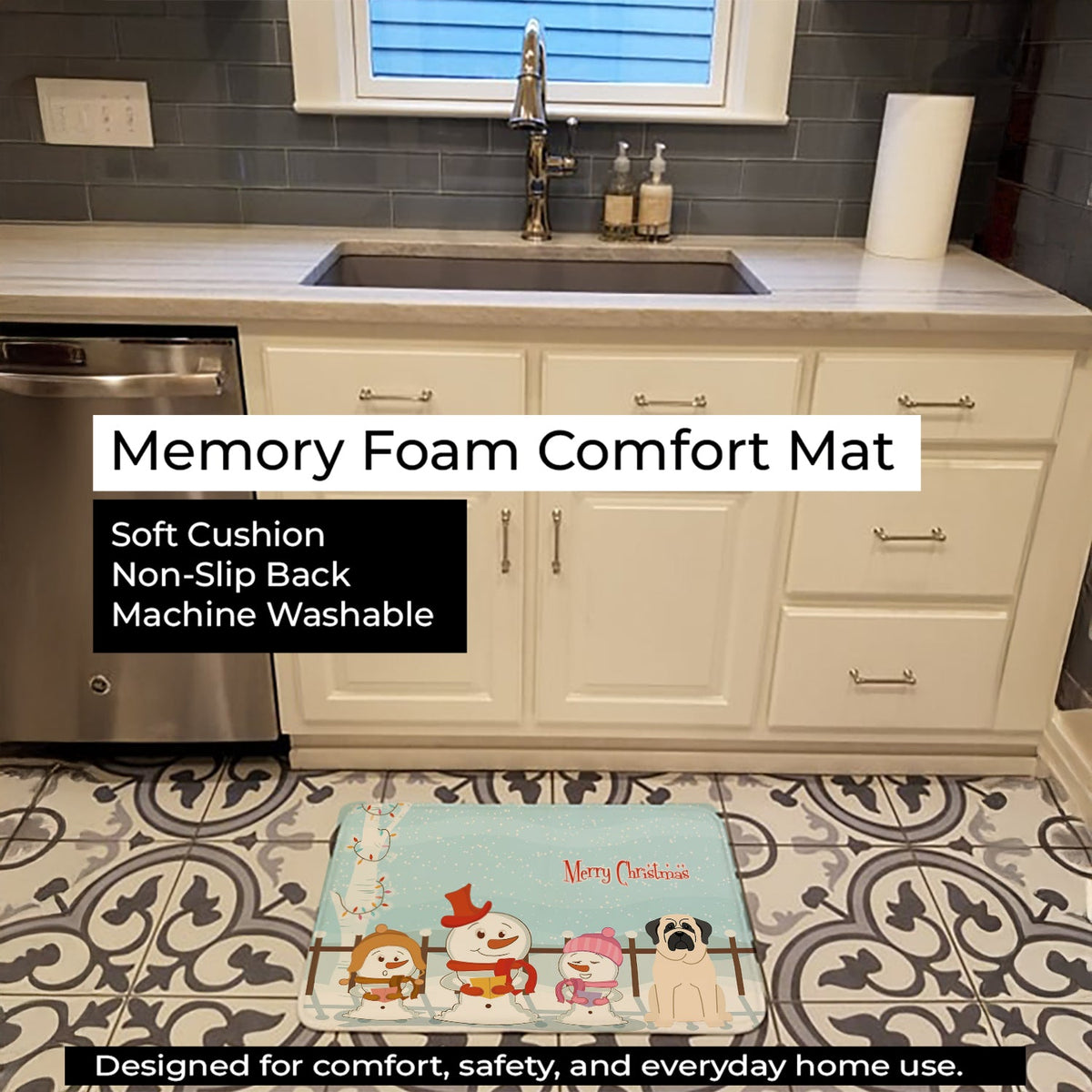 Merry Christmas Carolers Mastiff White Memory Foam Kitchen Mat Machine Washable Anti-Fatigue Cushion Comfort Bath or Kitchen Rug