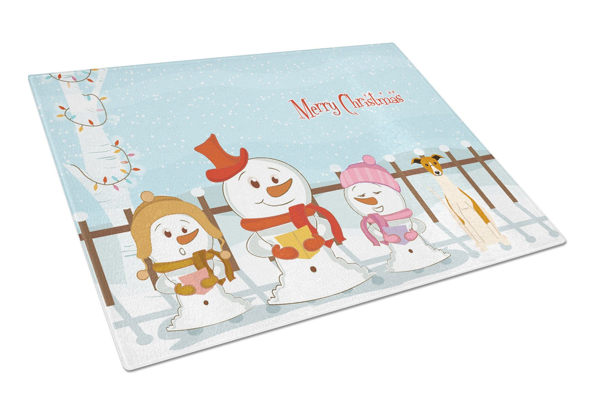 Merry Christmas Carolers Whippet Cutting Board Tempered Glass Kitchen Cutting Surface, Heat Resistant Chopping, Non-Slip Feet, Food Prep & Serving