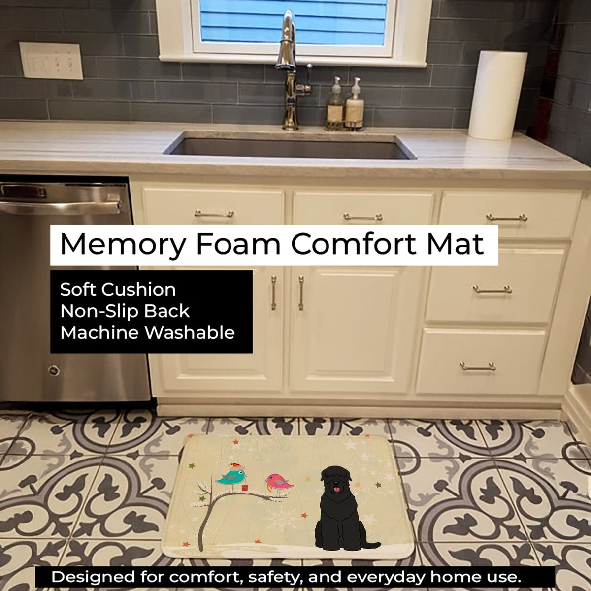 Christmas Presents between Friends Black Russian Terrier Memory Foam Kitchen Mat Machine Washable Anti-Fatigue Cushion Comfort Bath or Kitchen Rug