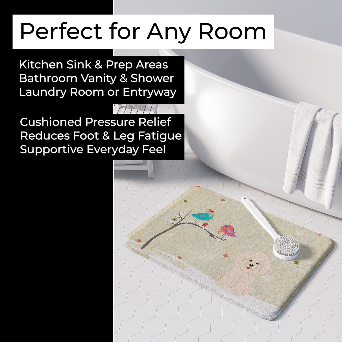 Christmas Presents between Friends Bichon Frise Memory Foam Kitchen Mat Machine Washable Anti-Fatigue Cushion Comfort Bath or Kitchen Rug