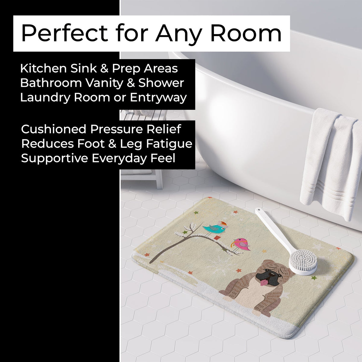 Christmas Presents between Friends English Bulldog - Grey Brindle Memory Foam Kitchen Mat Machine Washable Anti-Fatigue Cushion Comfort Bath or Kitchen Rug
