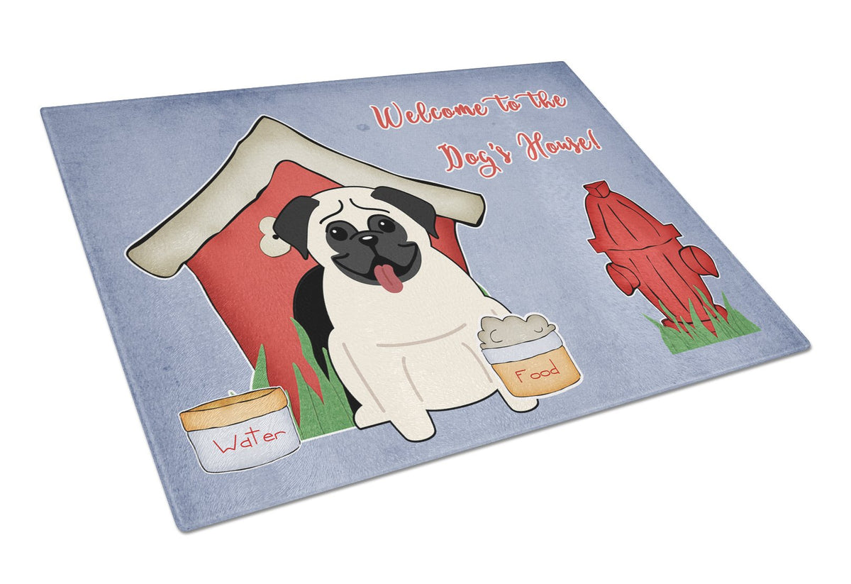 Dog House Collection Pug Cream Cutting Board Tempered Glass Kitchen Cutting Surface, Heat Resistant Chopping, Non-Slip Feet, Food Prep & Serving