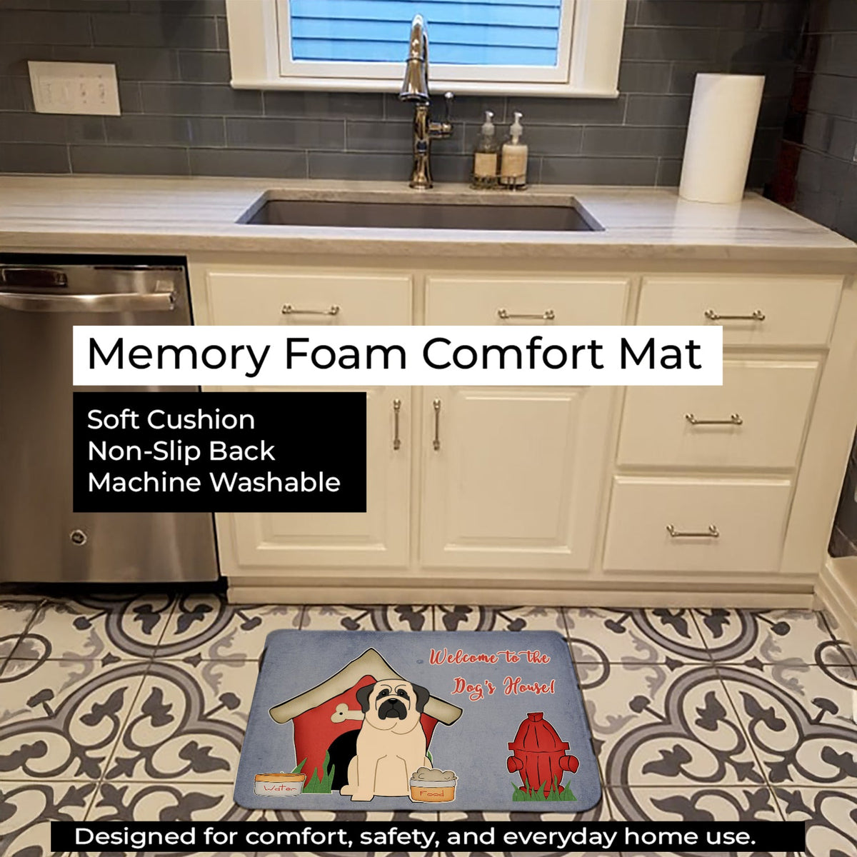 Dog House Collection Mastiff White Memory Foam Kitchen Mat Machine Washable Anti-Fatigue Cushion Comfort Bath or Kitchen Rug