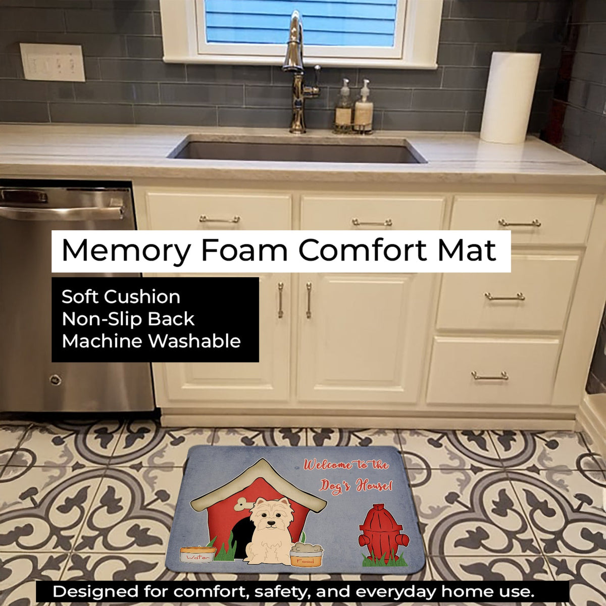 Dog House Collection Westie Memory Foam Kitchen Mat Machine Washable Anti-Fatigue Cushion Comfort Bath or Kitchen Rug