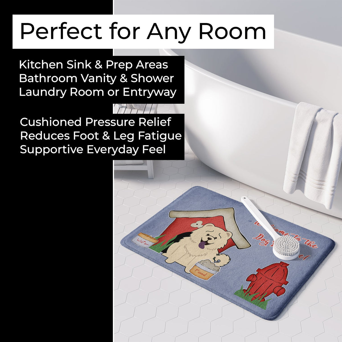 Dog House Collection Chow Chow White Memory Foam Kitchen Mat Machine Washable Anti-Fatigue Cushion Comfort Bath or Kitchen Rug