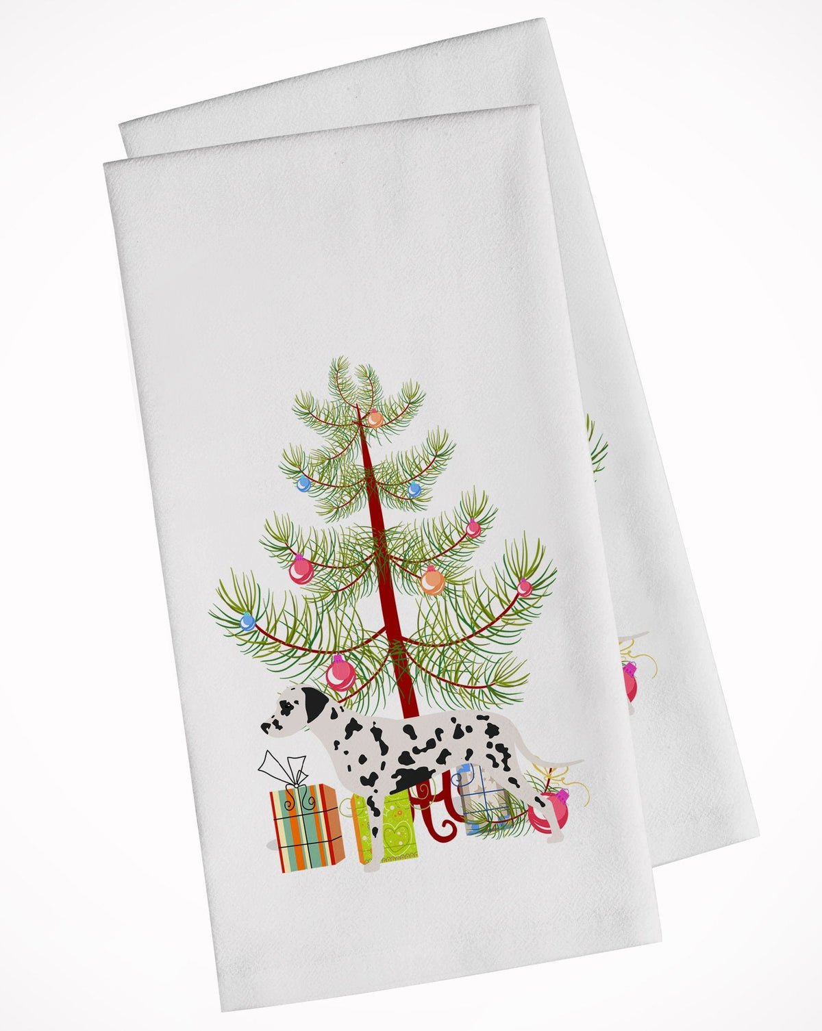 Dalmatian Merry Christmas Tree Kitchen Towel Set of 2 White Dish Towels Decorative Bathroom Hand towel for Hand, Face, Hair, Yoga, Tea, Dishcloth, 19 X 28", White