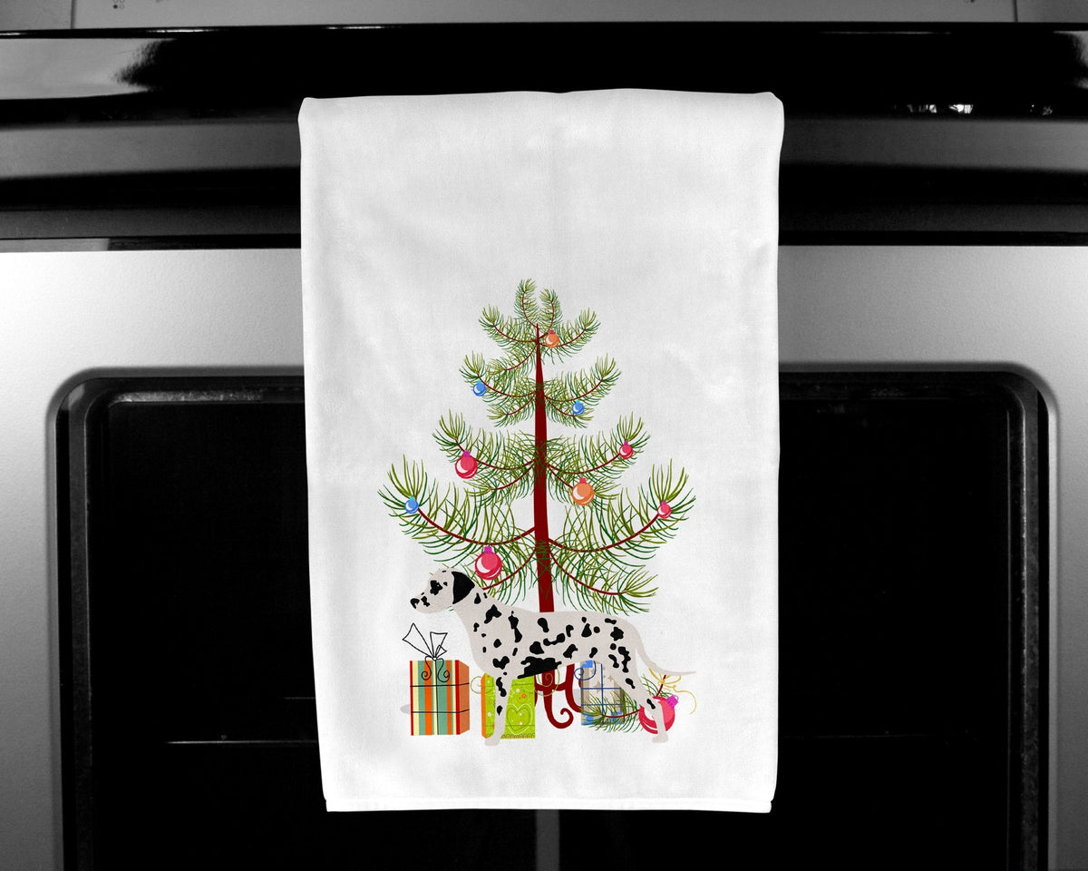 Dalmatian Merry Christmas Tree Kitchen Towel Set of 2 White Dish Towels Decorative Bathroom Hand towel for Hand, Face, Hair, Yoga, Tea, Dishcloth, 19 X 28", White