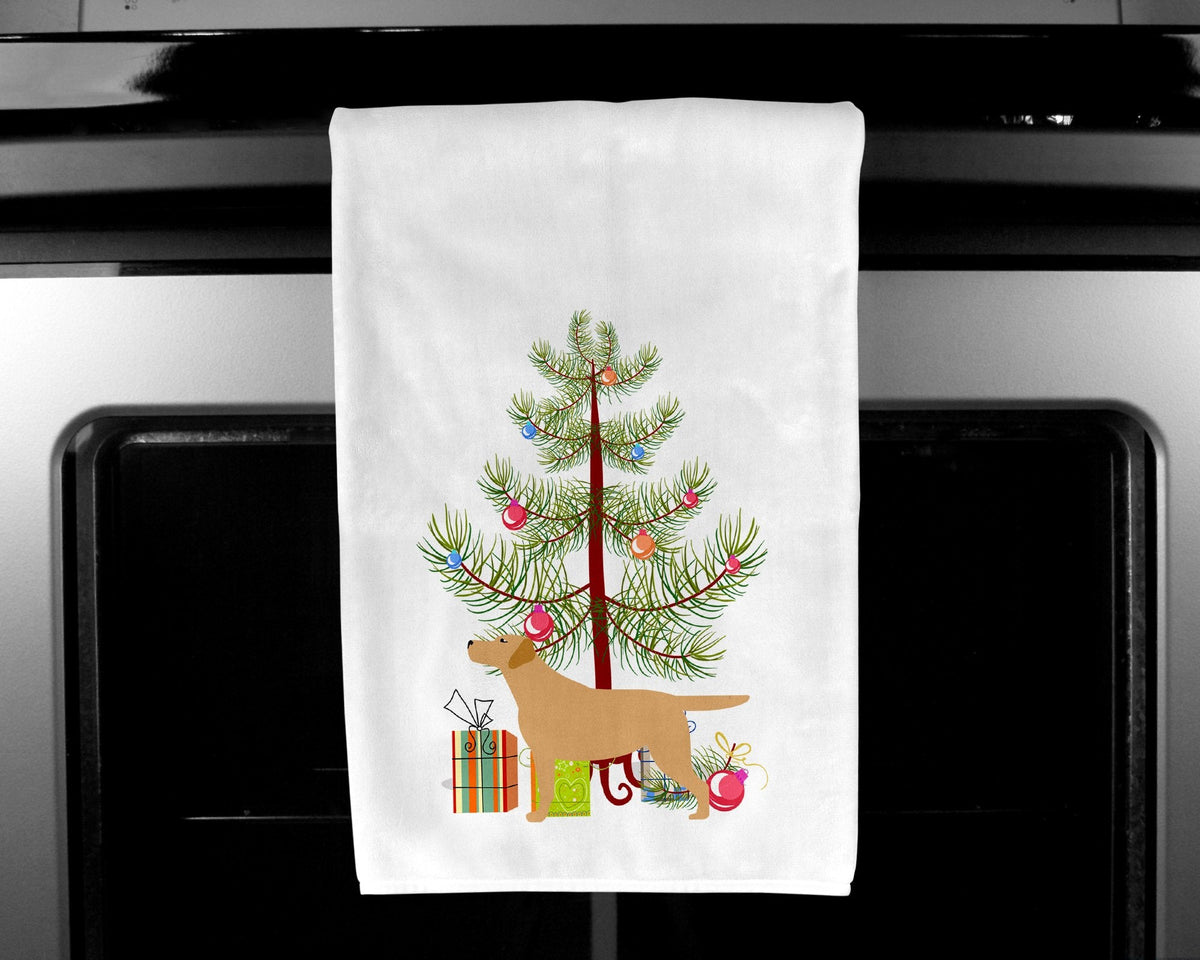 Yellow Labrador Retriever Merry Christmas Tree Kitchen Towel Set of 2 White Dish Towels Decorative Bathroom Hand towel for Hand, Face, Hair, Yoga, Tea, Dishcloth, 19 X 28", White