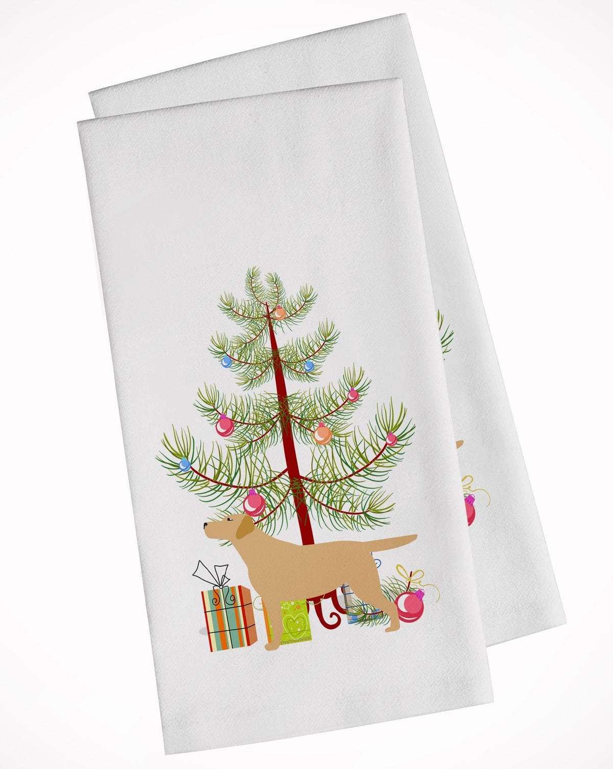 Yellow Labrador Retriever Merry Christmas Tree Kitchen Towel Set of 2 White Dish Towels Decorative Bathroom Hand towel for Hand, Face, Hair, Yoga, Tea, Dishcloth, 19 X 28", White