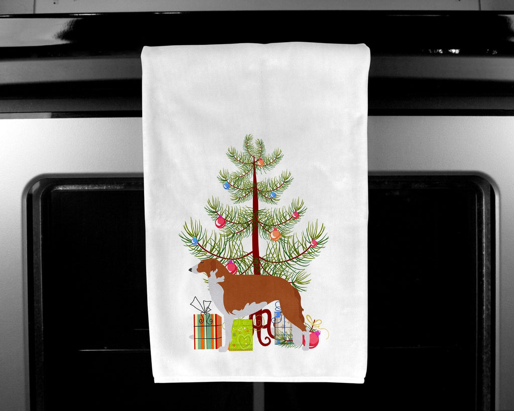 Borzoi Russian Greyhound Merry Christmas Tree Kitchen Towel Set of 2 White Dish Towels Decorative Bathroom Hand towel for Hand, Face, Hair, Yoga, Tea, Dishcloth, 19 X 28", White