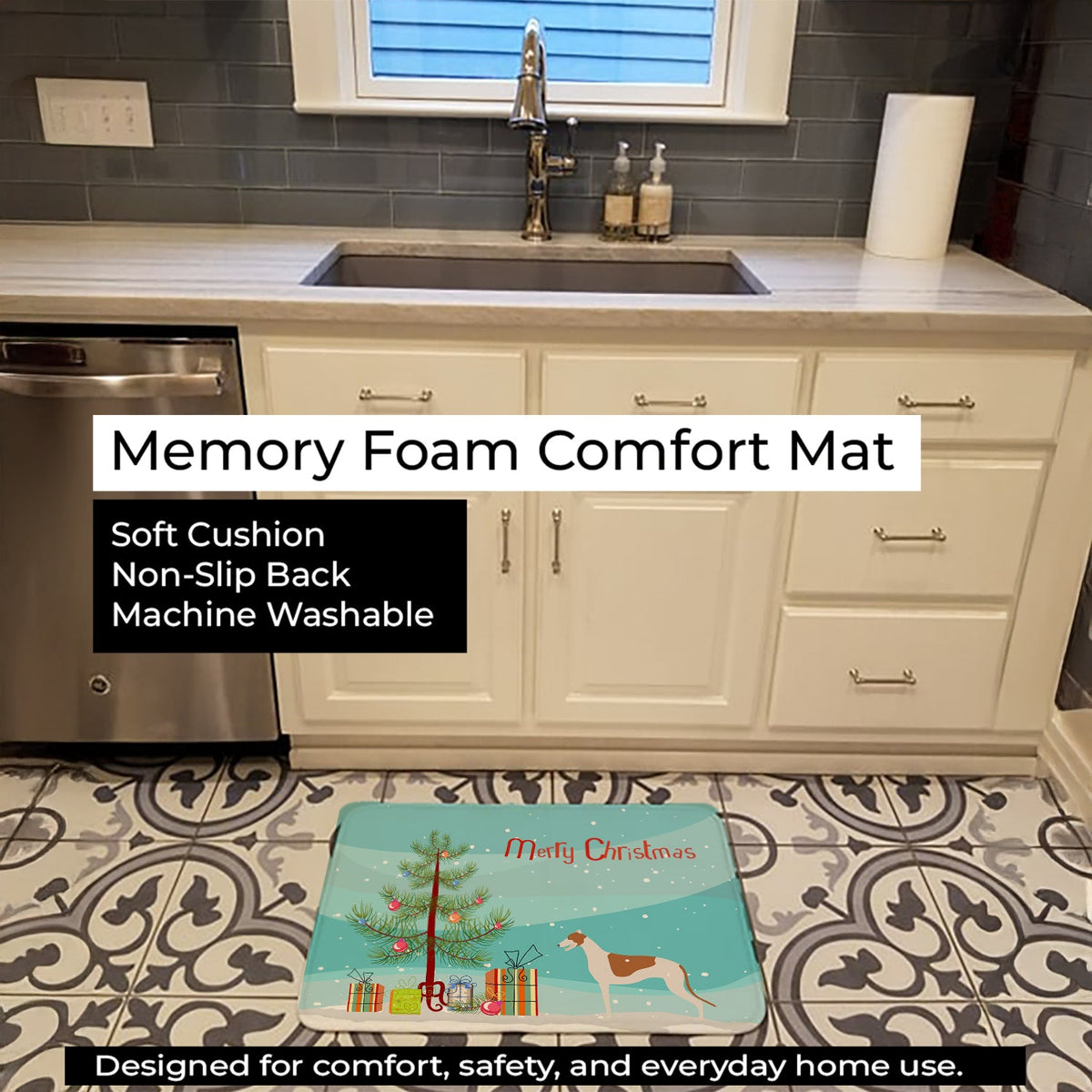 Greyhound Merry Christmas Tree Memory Foam Kitchen Mat Machine Washable Anti-Fatigue Cushion Comfort Bath or Kitchen Rug