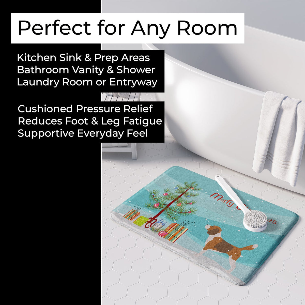 Beagle Merry Christmas Tree Memory Foam Kitchen Mat Machine Washable Anti-Fatigue Cushion Comfort Bath or Kitchen Rug
