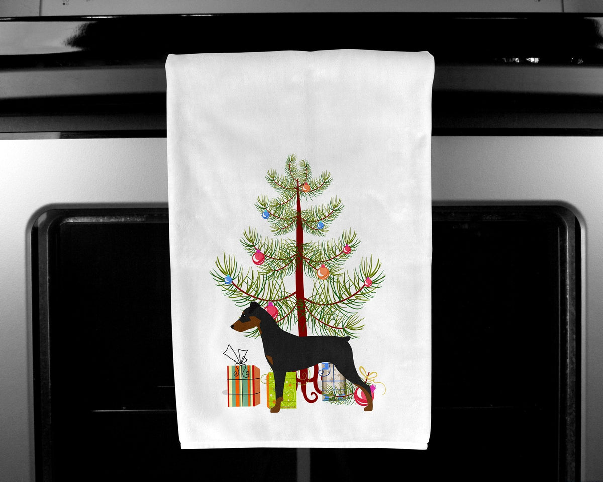 German Pinscher Merry Christmas Tree Kitchen Towel Set of 2 White Dish Towels Decorative Bathroom Hand towel for Hand, Face, Hair, Yoga, Tea, Dishcloth, 19 X 28", White