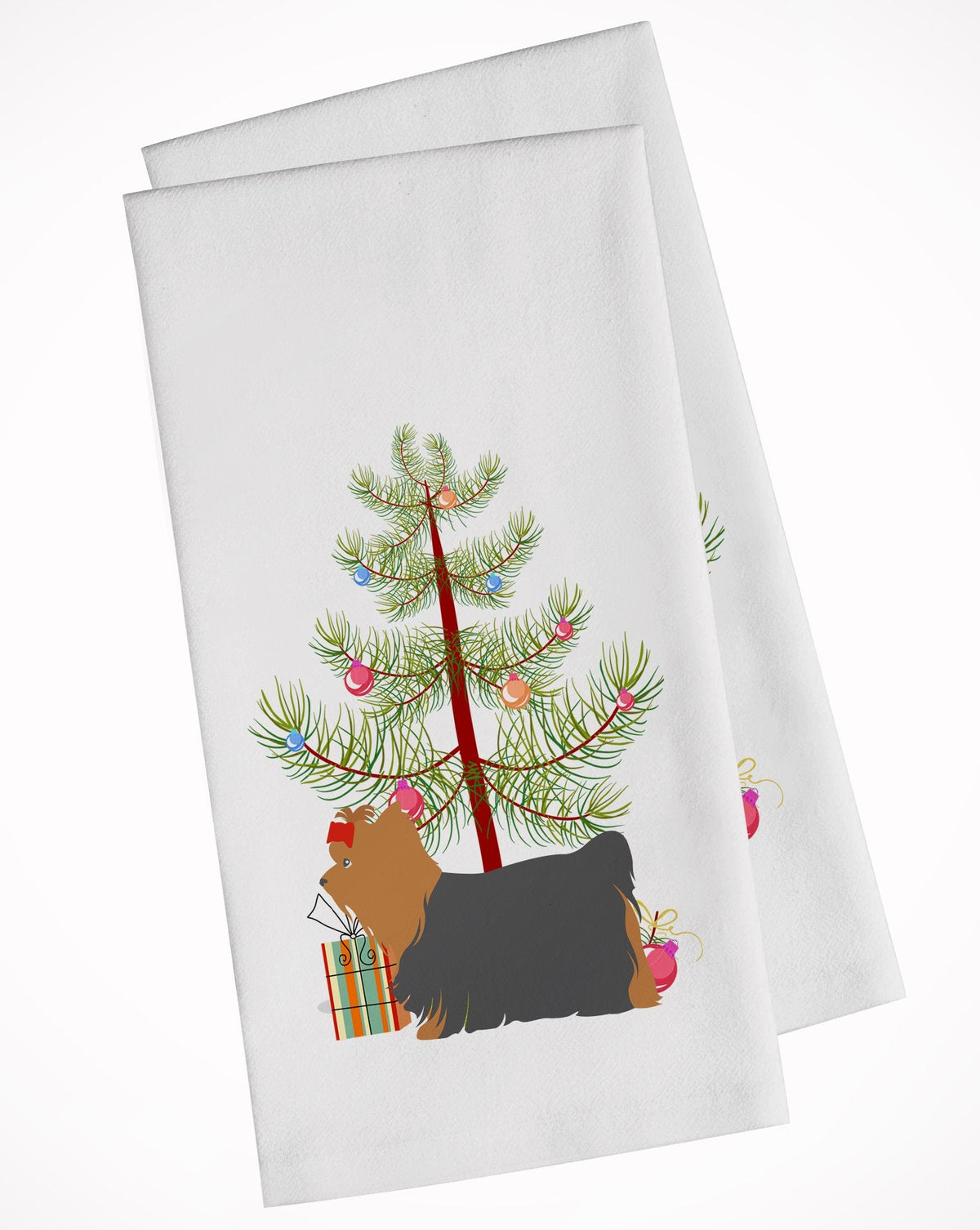 Yorkshire Terrier Yorkie Merry Christmas Tree Kitchen Towel Set of 2 White Dish Towels Decorative Bathroom Hand towel for Hand, Face, Hair, Yoga, Tea, Dishcloth, 19 X 28", White
