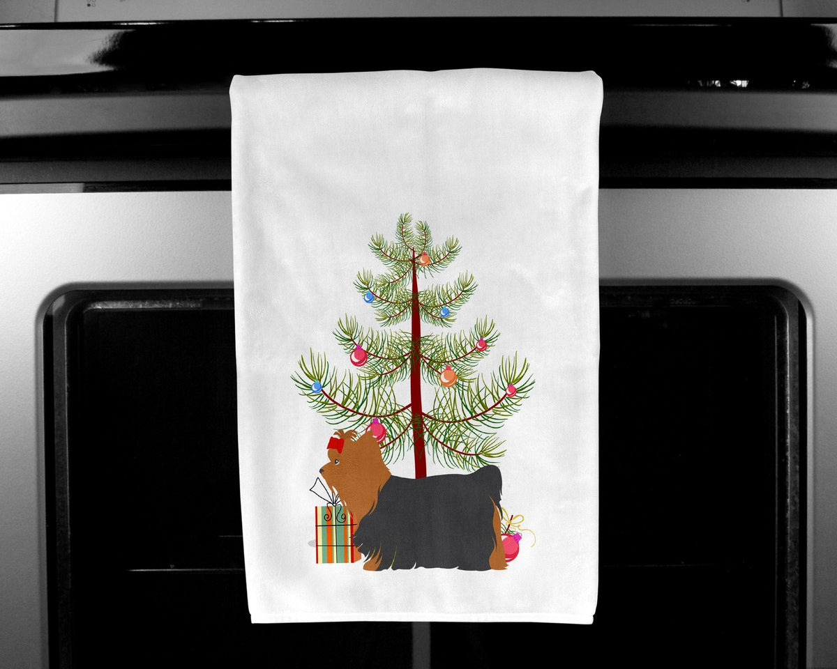 Yorkshire Terrier Yorkie Merry Christmas Tree Kitchen Towel Set of 2 White Dish Towels Decorative Bathroom Hand towel for Hand, Face, Hair, Yoga, Tea, Dishcloth, 19 X 28", White