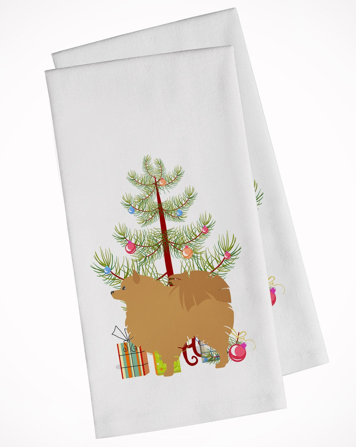 Pomeranian Merry Christmas Tree Kitchen Towel Set of 2 White Dish Towels Decorative Bathroom Hand towel for Hand, Face, Hair, Yoga, Tea, Dishcloth, 19 X 28", White