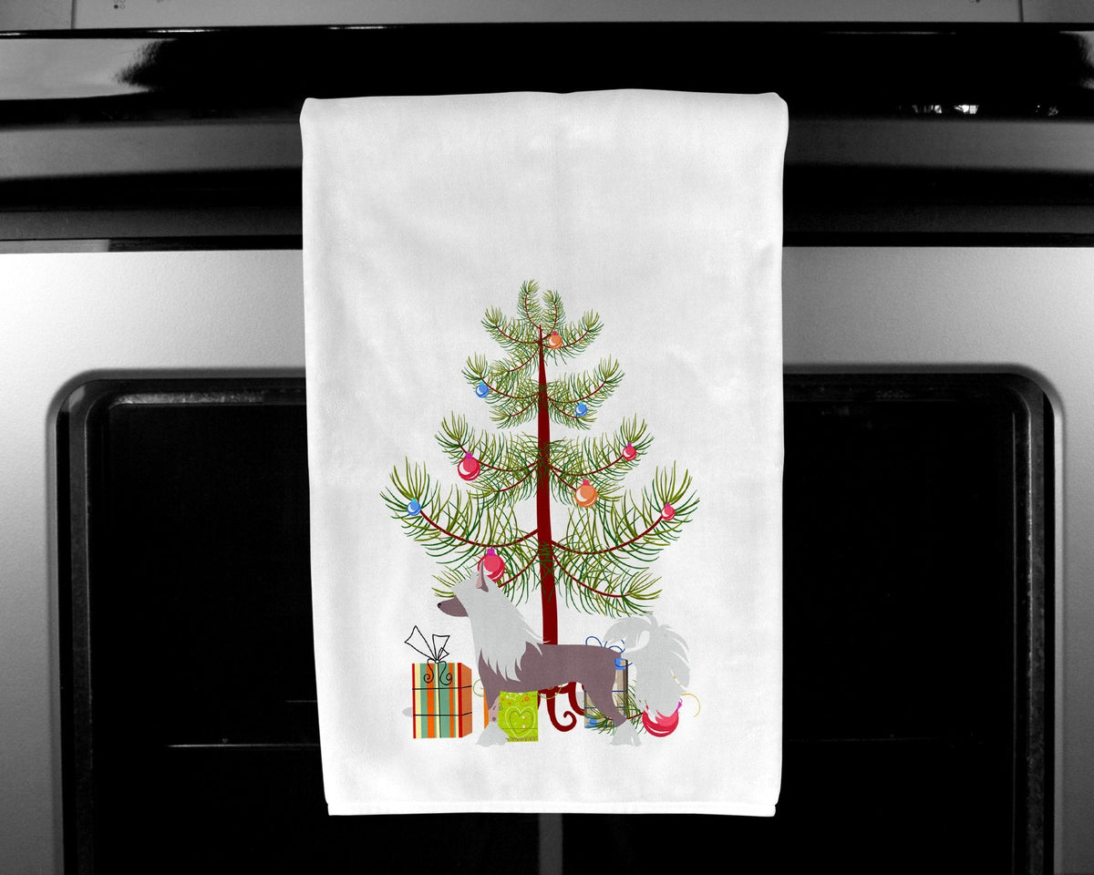 Chinese Crested Merry Christmas Tree Kitchen Towel Set of 2 White Dish Towels Decorative Bathroom Hand towel for Hand, Face, Hair, Yoga, Tea, Dishcloth, 19 X 28", White