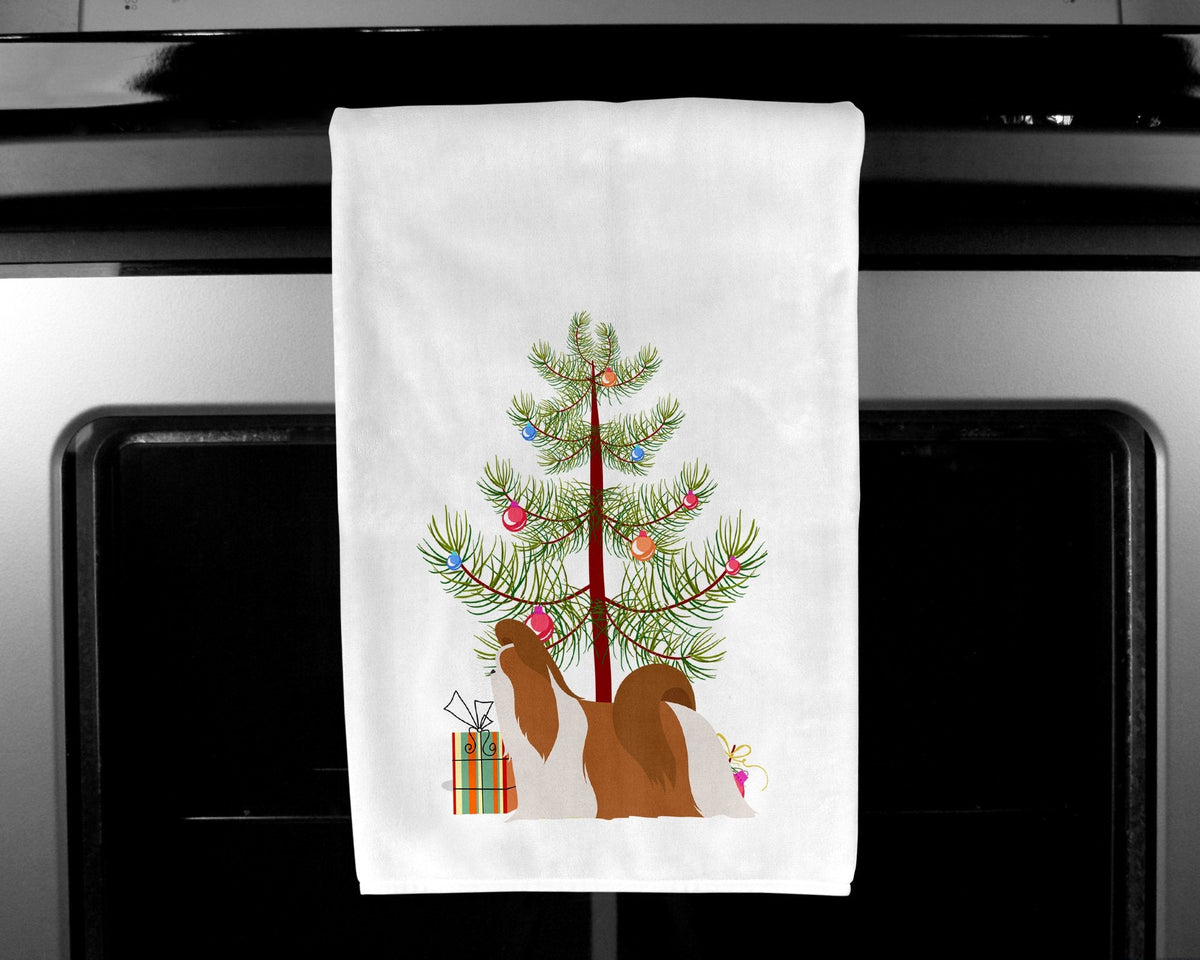 Shih Tzu Merry Christmas Tree Kitchen Towel Set of 2 White Dish Towels Decorative Bathroom Hand towel for Hand, Face, Hair, Yoga, Tea, Dishcloth, 19 X 28", White
