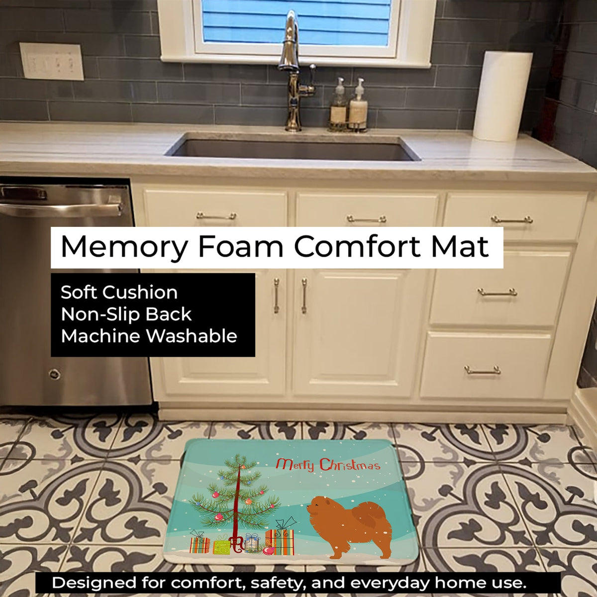 Chow Chow Merry Christmas Tree Memory Foam Kitchen Mat Machine Washable Anti-Fatigue Cushion Comfort Bath or Kitchen Rug