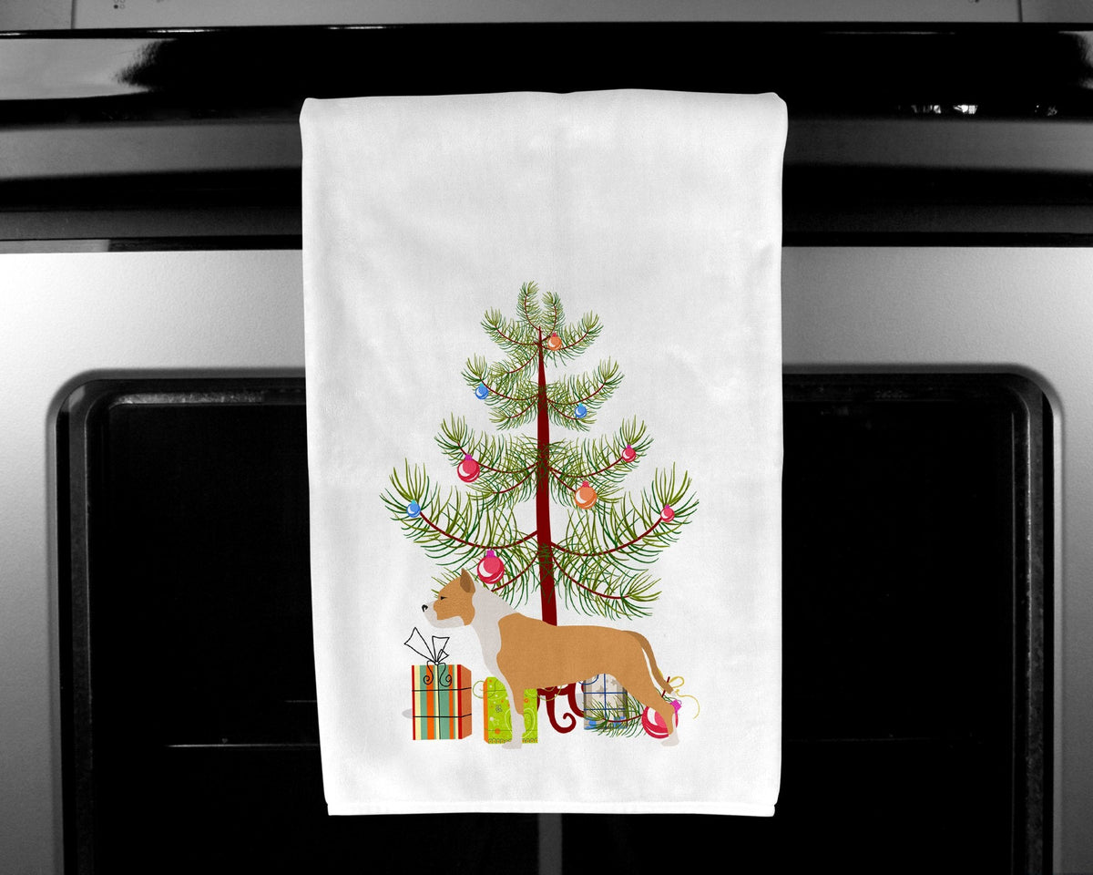 Staffordshire Bull Terrier Merry Christmas Tree Kitchen Towel Set of 2 White Dish Towels Decorative Bathroom Hand towel for Hand, Face, Hair, Yoga, Tea, Dishcloth, 19 X 28", White