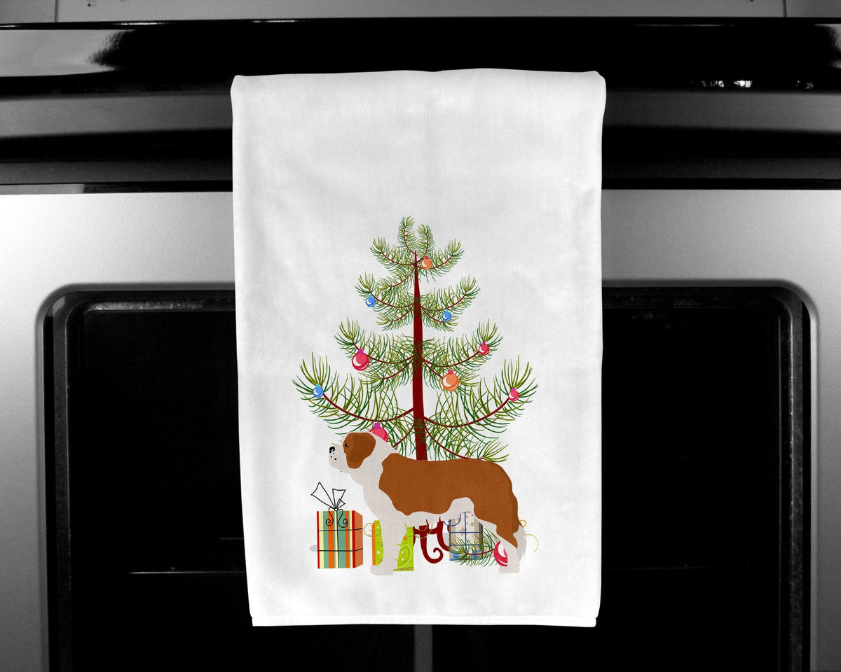 Saint Bernard Merry Christmas Tree Kitchen Towel Set of 2 White Dish Towels Decorative Bathroom Hand towel for Hand, Face, Hair, Yoga, Tea, Dishcloth, 19 X 28", White