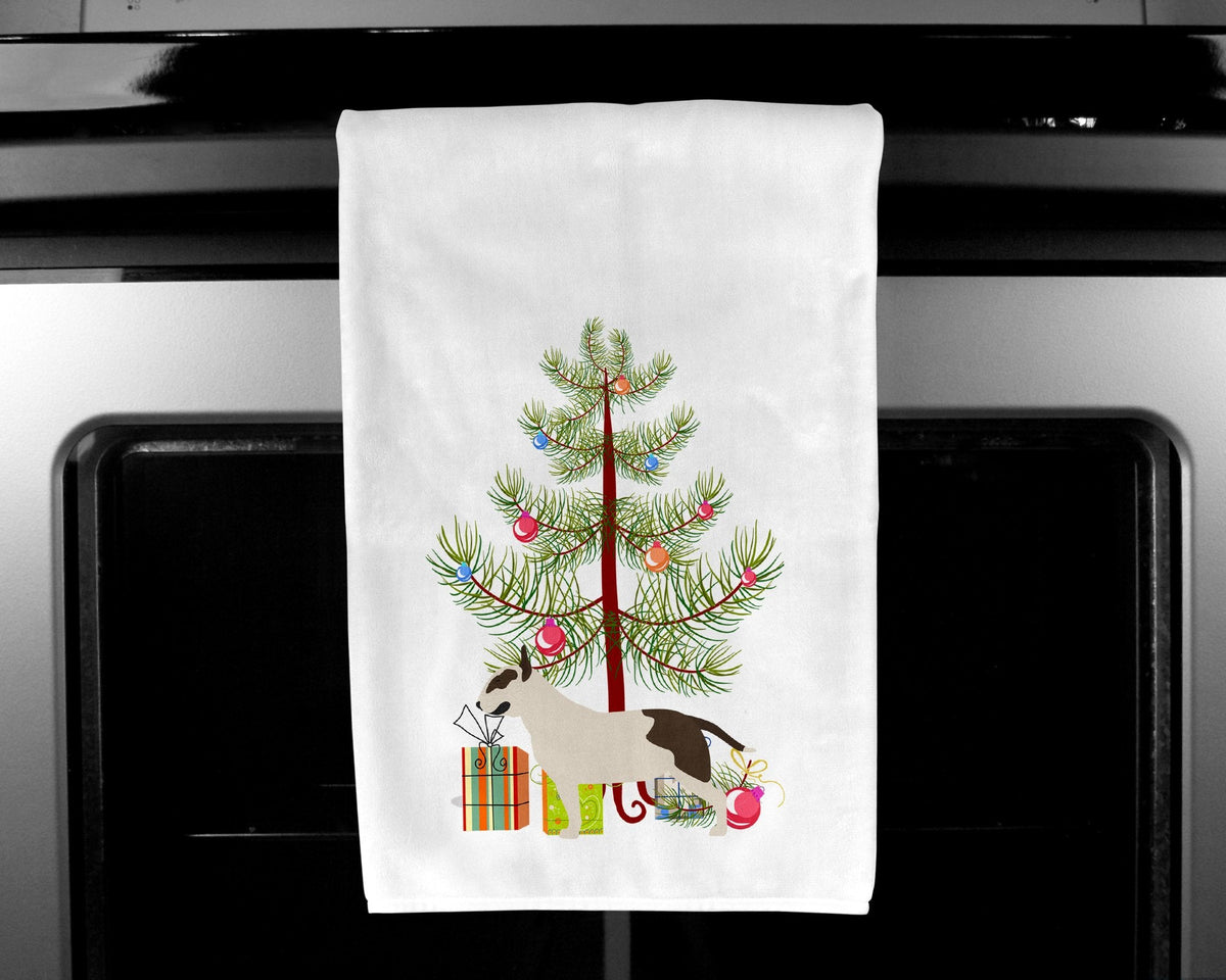 Bull Terrier Merry Christmas Tree Kitchen Towel Set of 2 White Dish Towels Decorative Bathroom Hand towel for Hand, Face, Hair, Yoga, Tea, Dishcloth, 19 X 28", White