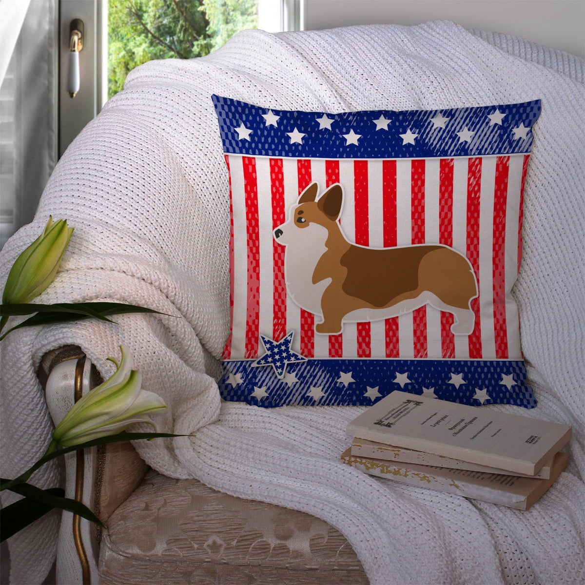 USA Patriotic Corgi Decorative Throw Pillow 14x14 Indoor Outdoor Accent Cushion, Fabric Cover with Insert for Sofa, Bed, Porch & Living Room