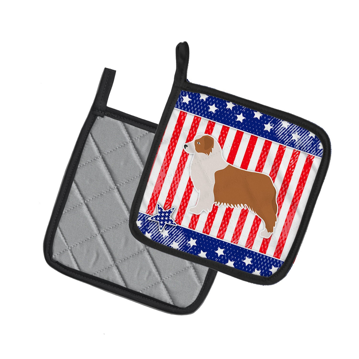 USA Patriotic Australian Shepherd Dog Pot Holder Set of 2 Heat Resistant Quilted Hot Pads 7.5 x 7.5 Inch, Insulated Kitchen Trivets for Cooking & Baking