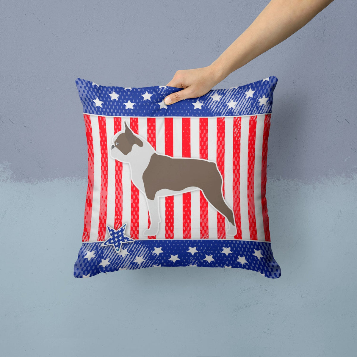 USA Patriotic Boston Terrier Decorative Throw Pillow 14x14 Indoor Outdoor Accent Cushion, Fabric Cover with Insert for Sofa, Bed, Porch & Living Room