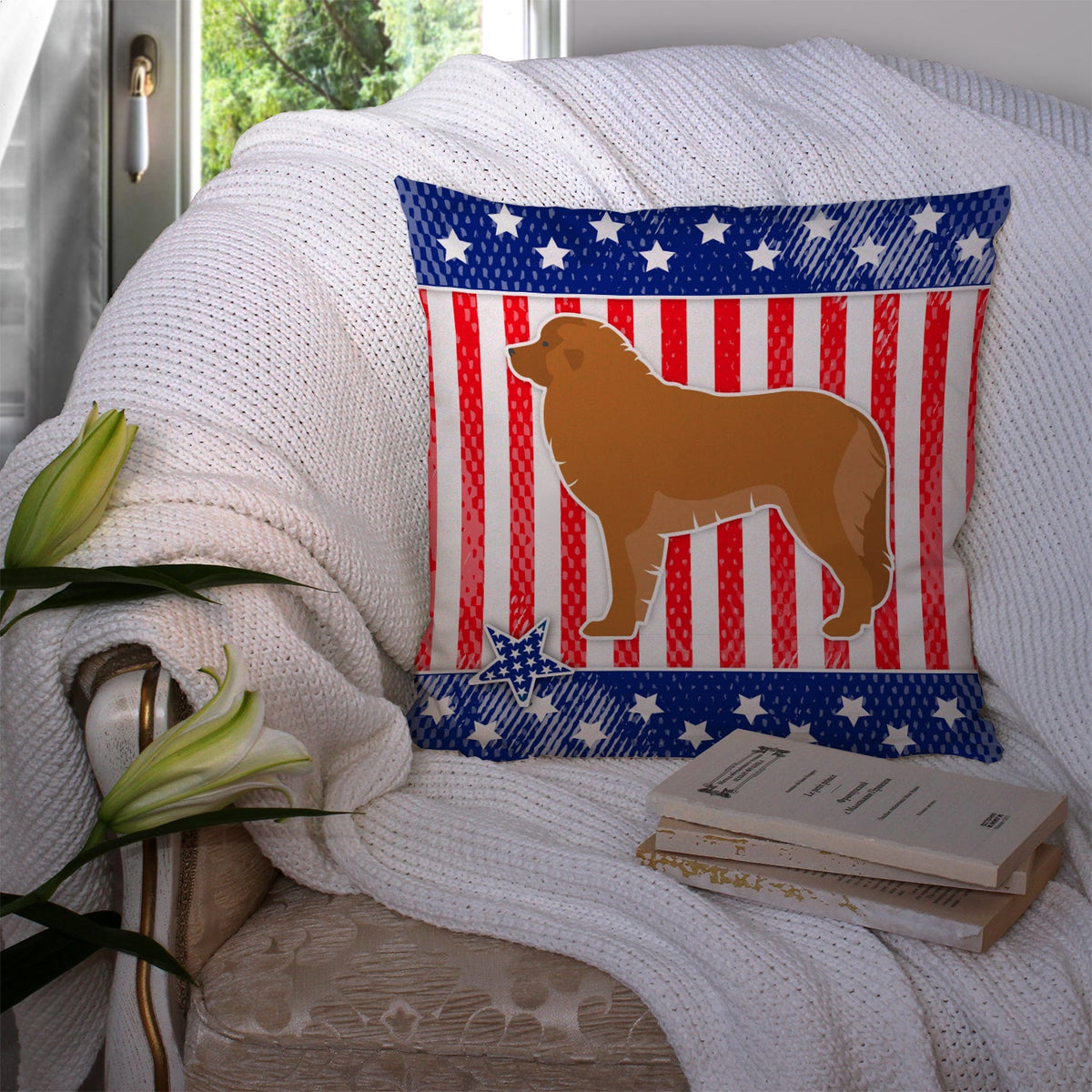 USA Patriotic Leonberger Decorative Throw Pillow 14x14 Indoor Outdoor Accent Cushion, Fabric Cover with Insert for Sofa, Bed, Porch & Living Room