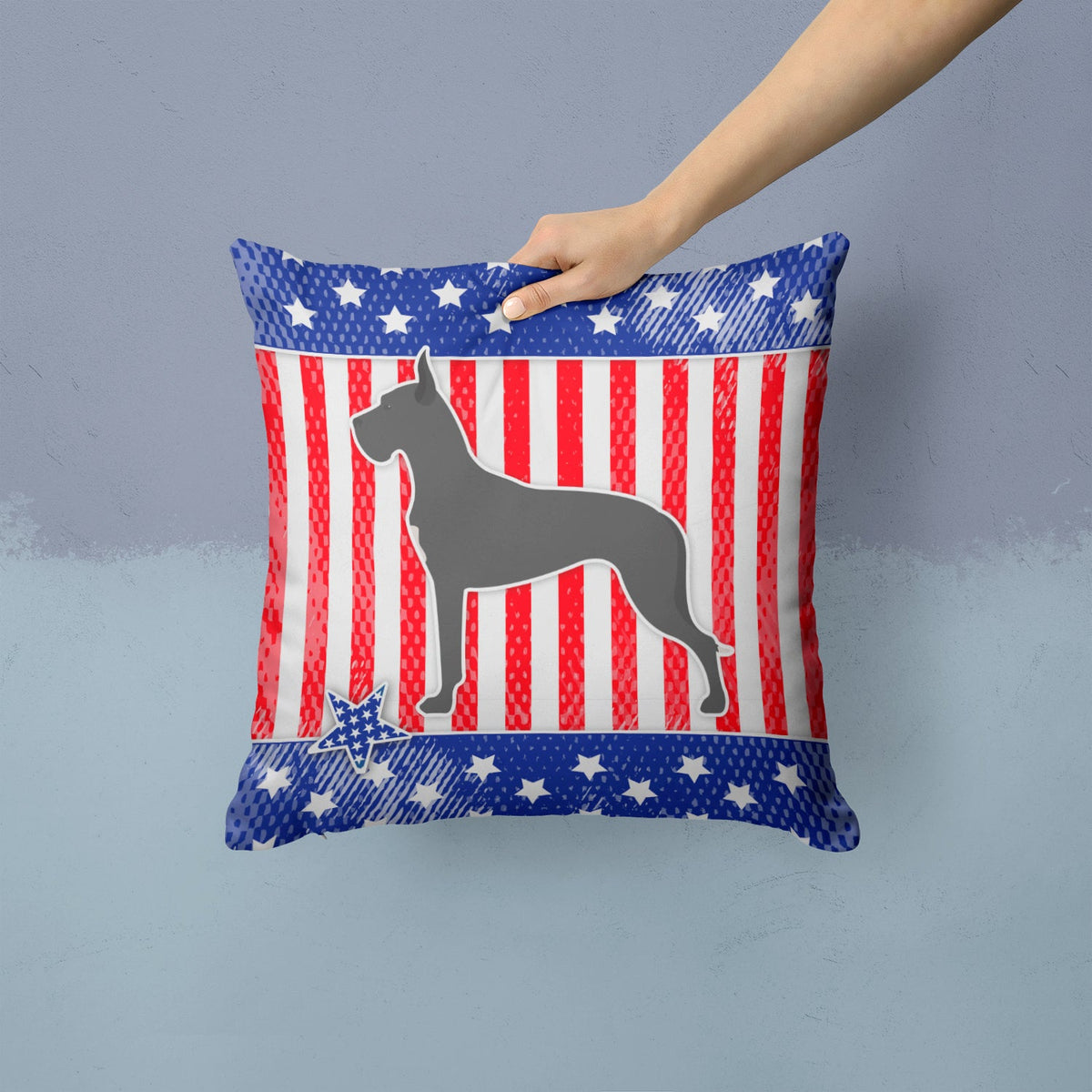 USA Patriotic Great Dane Decorative Throw Pillow 14x14 Indoor Outdoor Accent Cushion, Fabric Cover with Insert for Sofa, Bed, Porch & Living Room