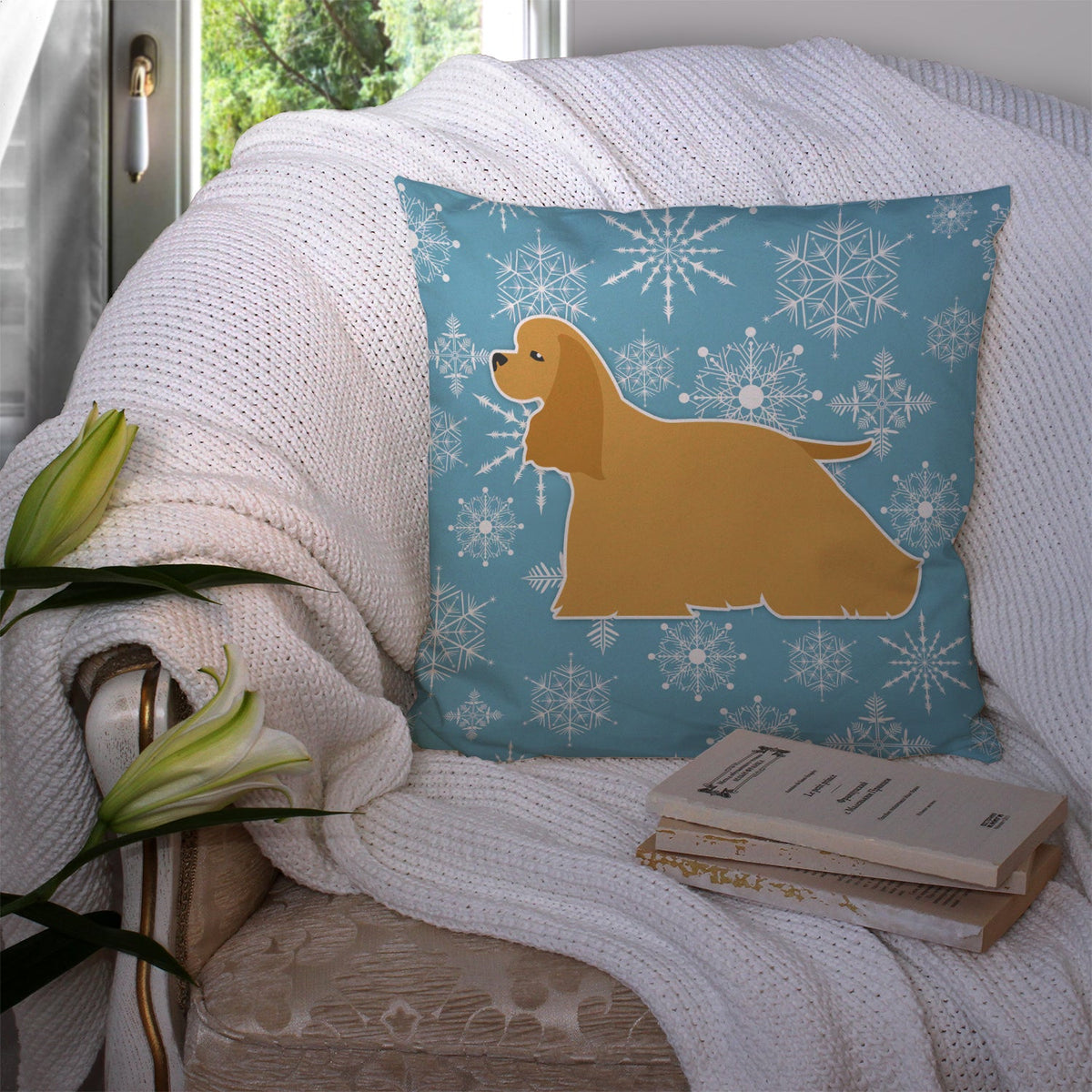Winter Snowflake Cocker Spaniel Decorative Throw Pillow 14x14 Indoor Outdoor Accent Cushion, Fabric Cover with Insert for Sofa, Bed, Porch & Living Room