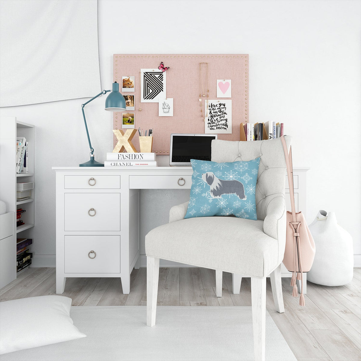Winter Snowflake Bearded Collie Decorative Throw Pillow 14x14 Indoor Outdoor Accent Cushion, Fabric Cover with Insert for Sofa, Bed, Porch & Living Room