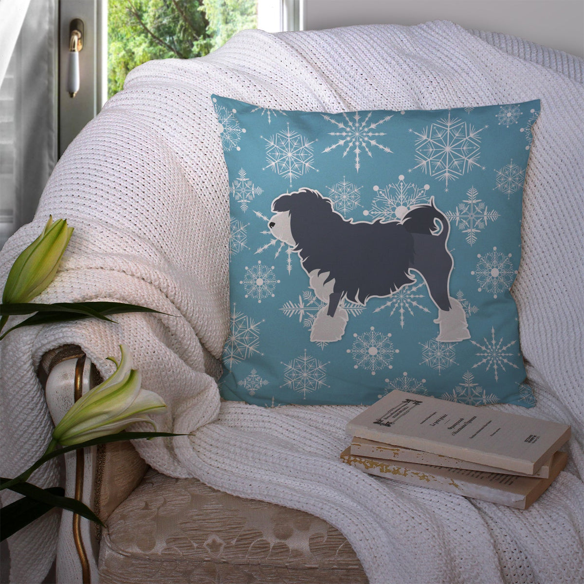 Winter Snowflake Lowchen Decorative Throw Pillow 14x14 Indoor Outdoor Accent Cushion, Fabric Cover with Insert for Sofa, Bed, Porch & Living Room