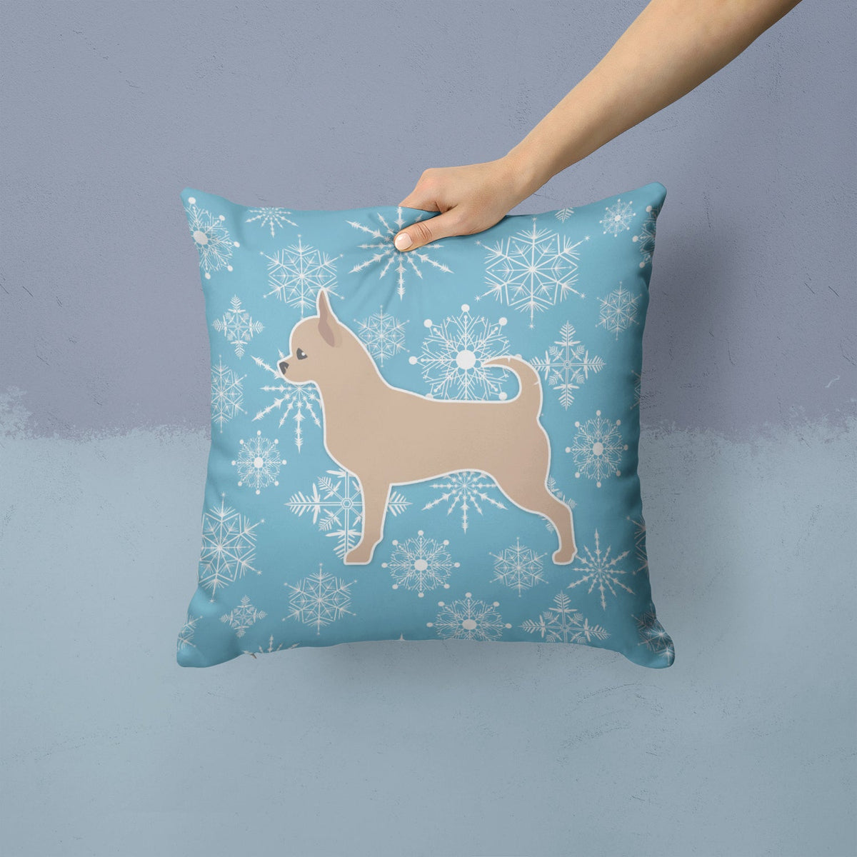 Winter Snowflake Chihuahua Decorative Throw Pillow 14x14 Indoor Outdoor Accent Cushion, Fabric Cover with Insert for Sofa, Bed, Porch & Living Room