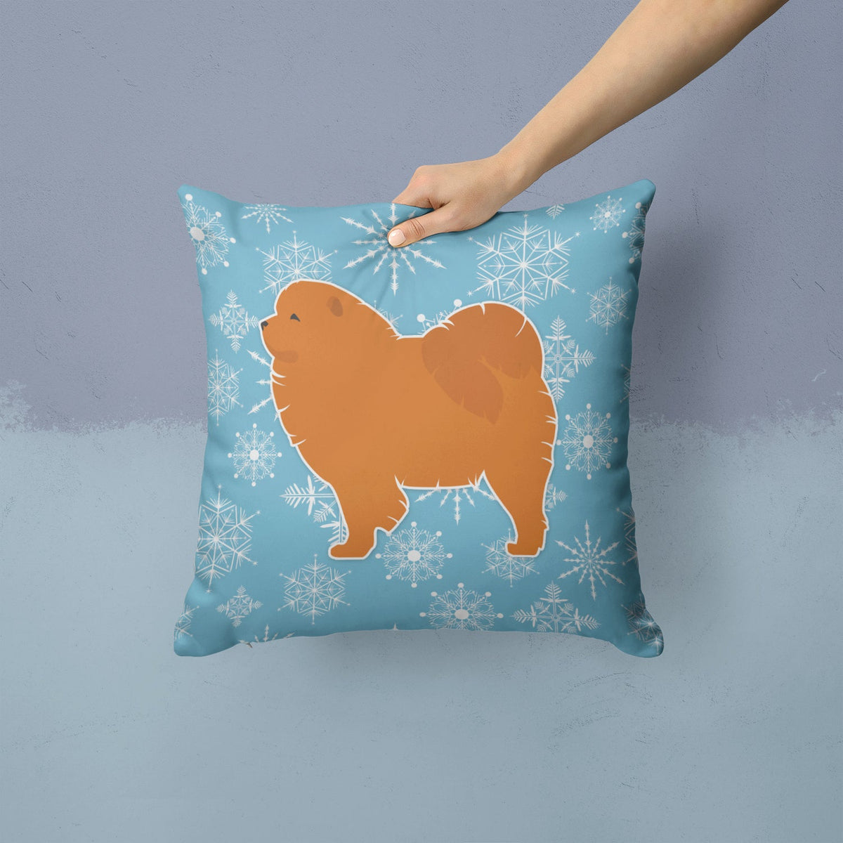 Winter Snowflake Chow Chow Decorative Throw Pillow 14x14 Indoor Outdoor Accent Cushion, Fabric Cover with Insert for Sofa, Bed, Porch & Living Room