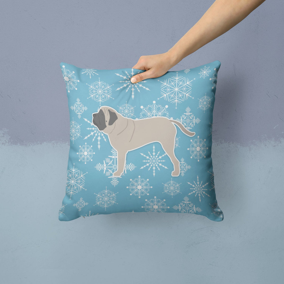 Winter Snowflake English Mastiff Decorative Throw Pillow 14x14 Indoor Outdoor Accent Cushion, Fabric Cover with Insert for Sofa, Bed, Porch & Living Room