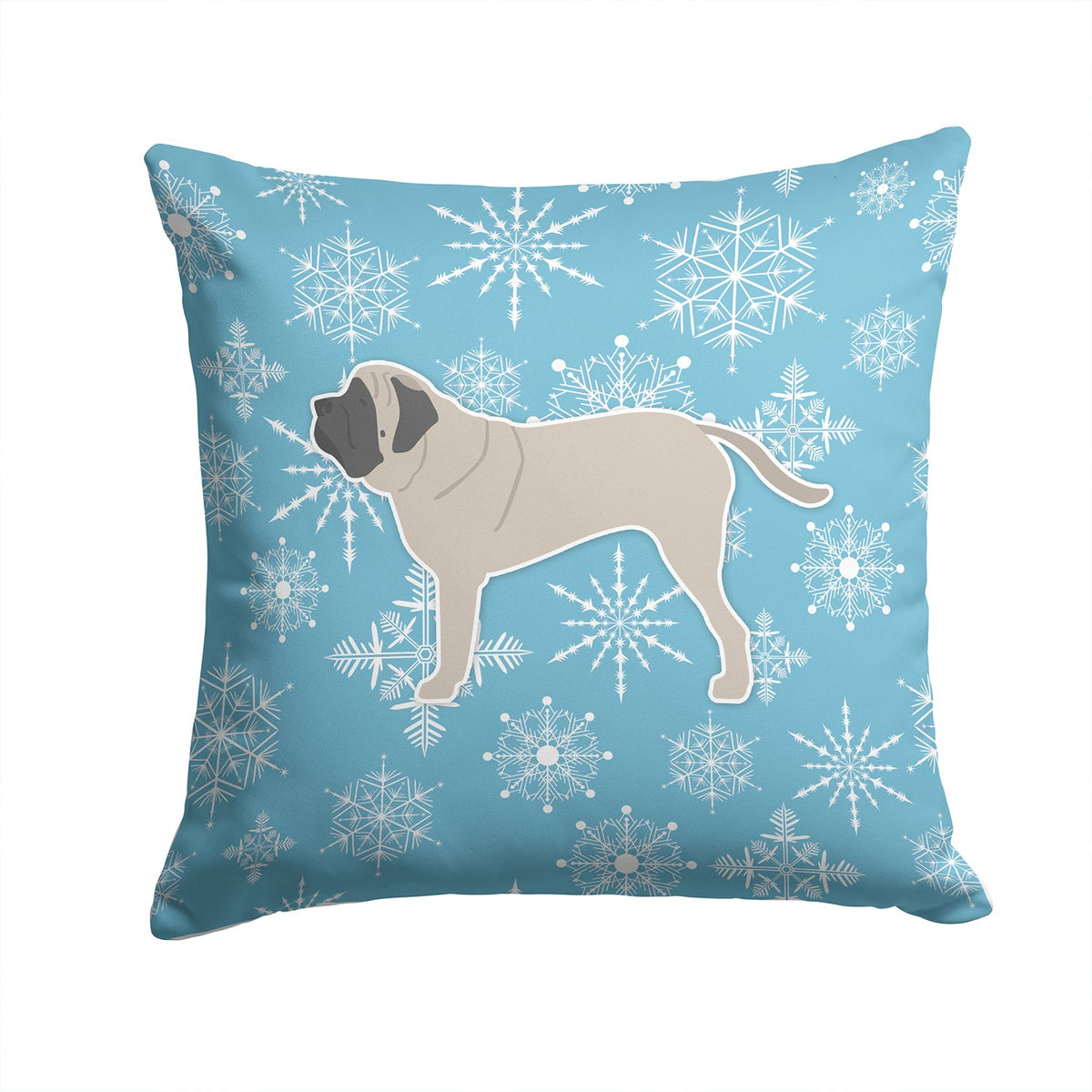 Winter Snowflake English Mastiff Decorative Throw Pillow 14x14 Indoor Outdoor Accent Cushion, Fabric Cover with Insert for Sofa, Bed, Porch & Living Room