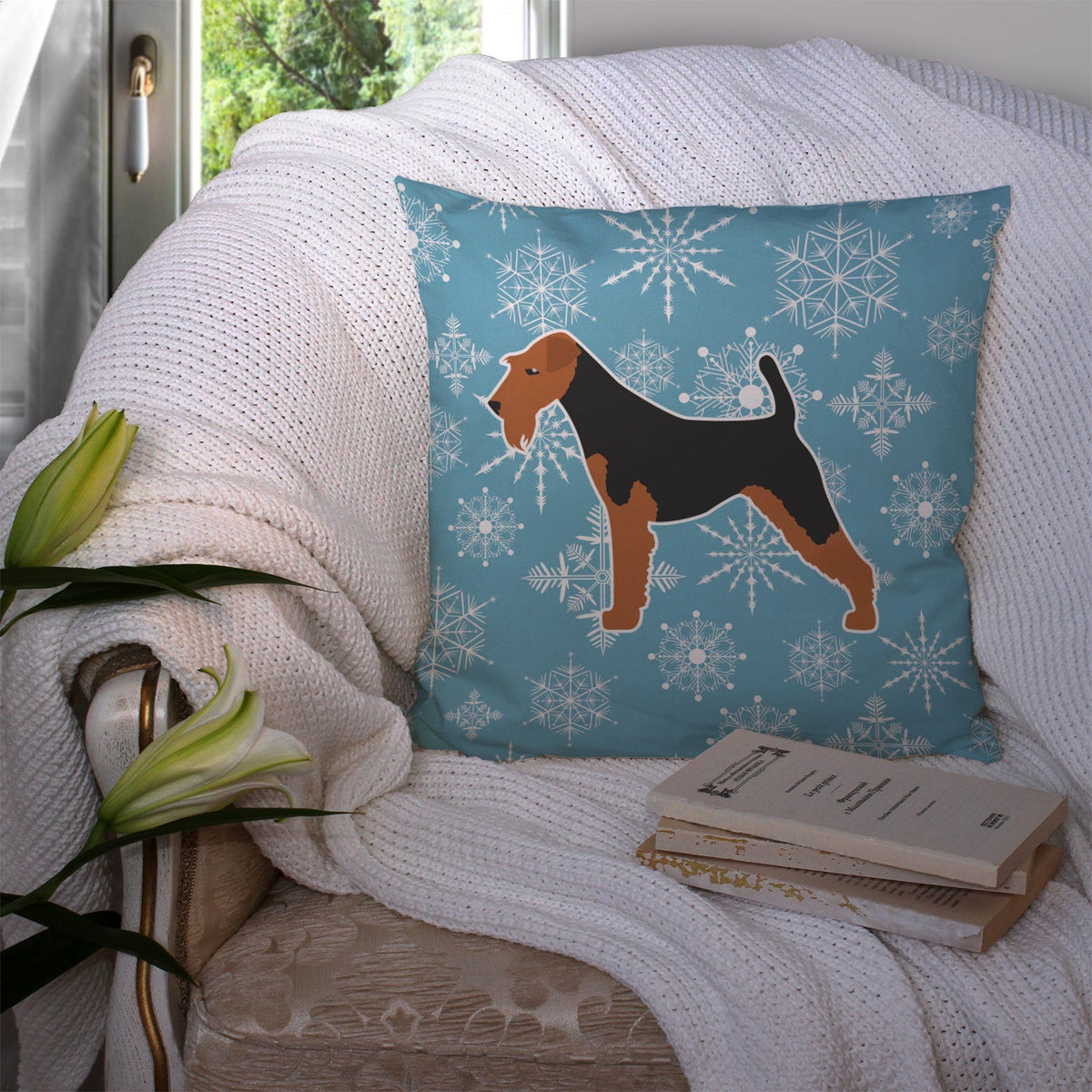 Winter Snowflake Airedale Terrier Decorative Throw Pillow 14x14 Indoor Outdoor Accent Cushion, Fabric Cover with Insert for Sofa, Bed, Porch & Living Room