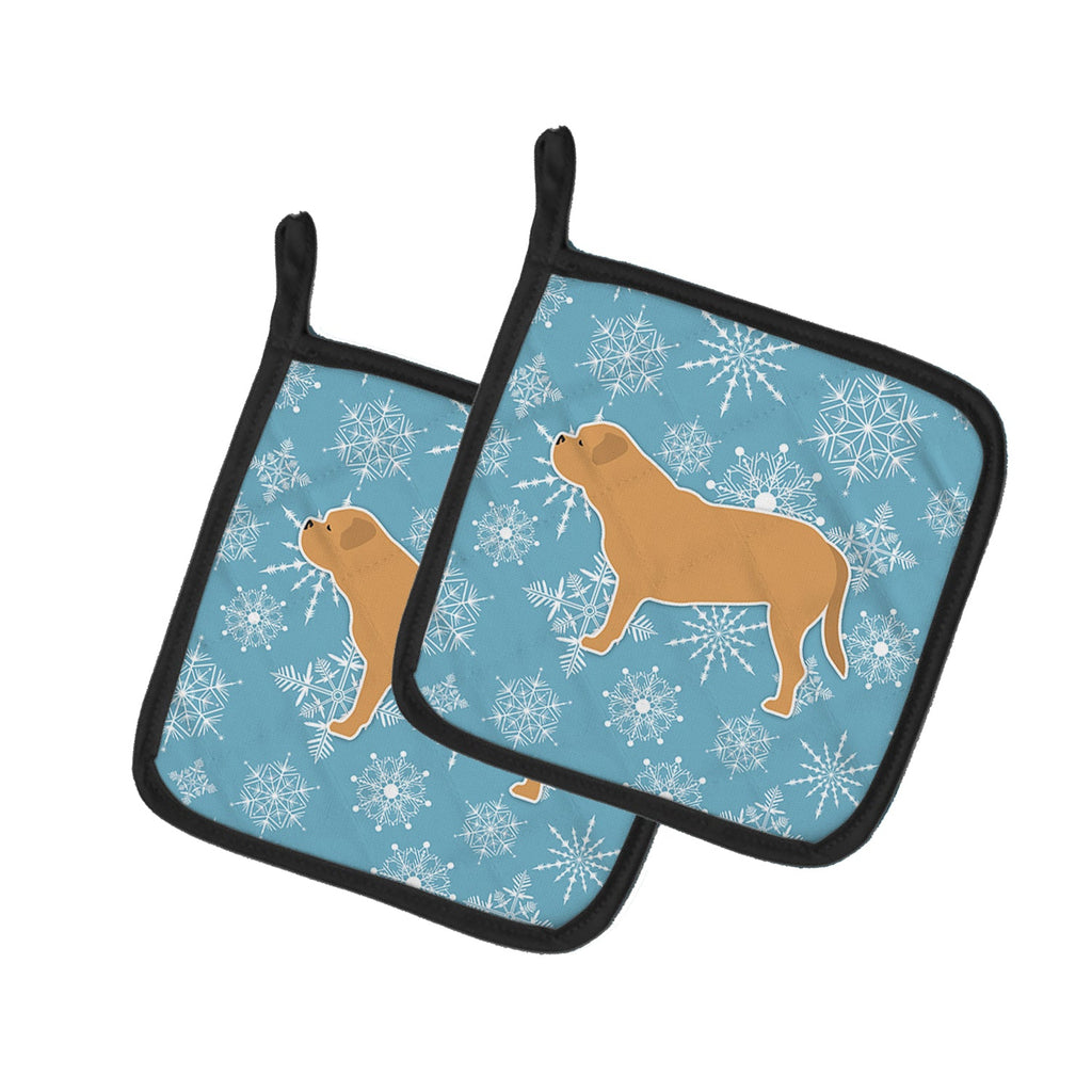 Winter Snowflake Dogue de Bordeaux Pot Holder Set of 2 Heat Resistant Quilted Hot Pads 7.5 x 7.5 Inch, Insulated Kitchen Trivets for Cooking & Baking
