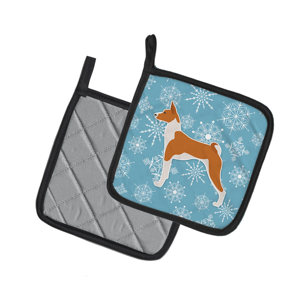 Winter Snowflake Basenji Pot Holder Set of 2 Heat Resistant Quilted Hot Pads 7.5 x 7.5 Inch, Insulated Kitchen Trivets for Cooking & Baking