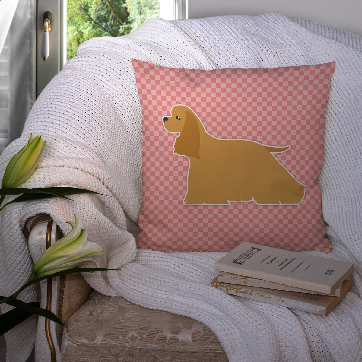 Cocker Spaniel Checkerboard Pink Decorative Throw Pillow 14x14 Indoor Outdoor Accent Cushion, Fabric Cover with Insert for Sofa, Bed, Porch & Living Room
