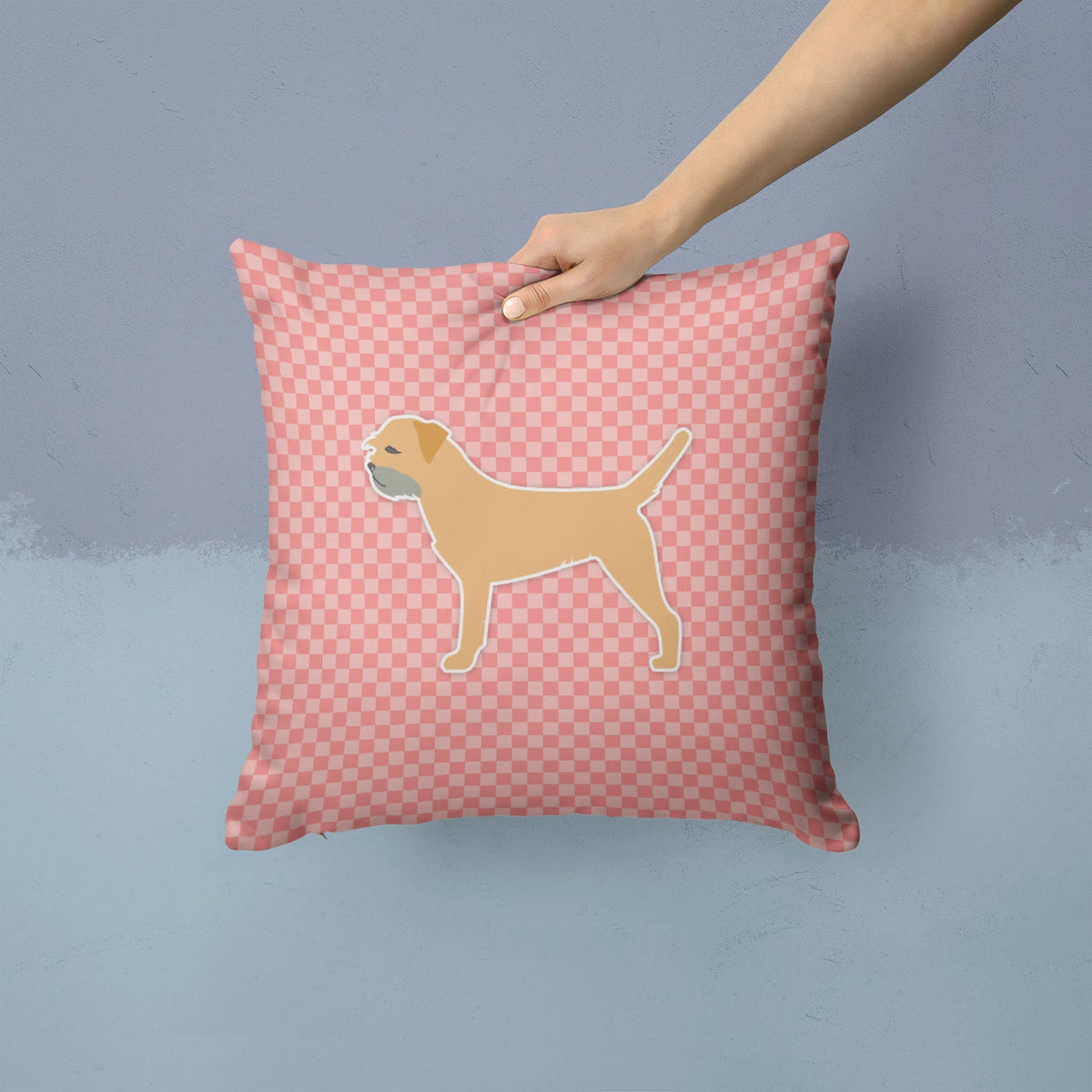 Border Terrier Checkerboard Pink Decorative Throw Pillow 14x14 Indoor Outdoor Accent Cushion, Fabric Cover with Insert for Sofa, Bed, Porch & Living Room