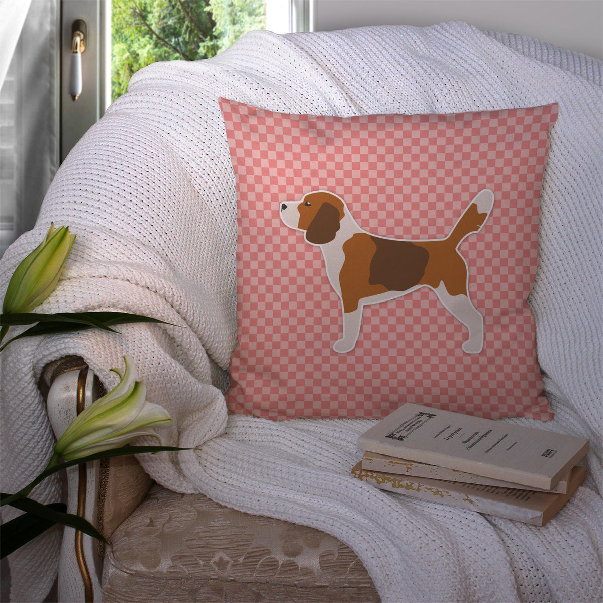 Beagle Checkerboard Pink Decorative Throw Pillow 14x14 Indoor Outdoor Accent Cushion, Fabric Cover with Insert for Sofa, Bed, Porch & Living Room