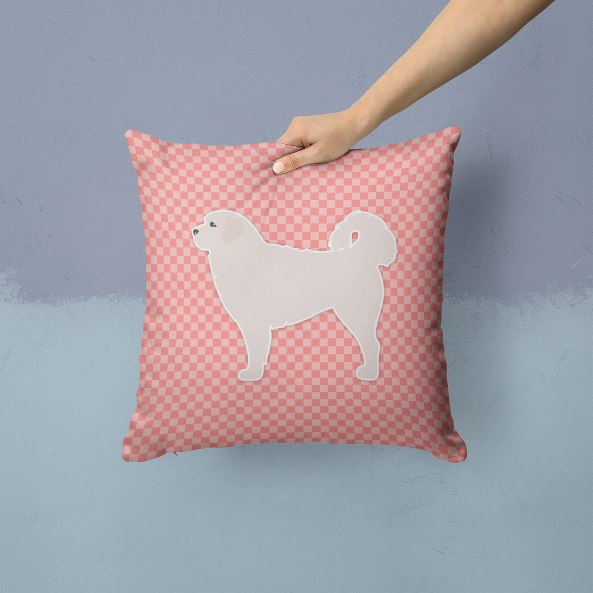 Polish Tatra Sheepdog Checkerboard Pink Decorative Throw Pillow 14x14 Indoor Outdoor Accent Cushion, Fabric Cover with Insert for Sofa, Bed, Porch & Living Room